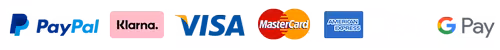 Zahlen Sie mit PayPal, Kreditkarte, Visa, Mastercard, Amex Apple-Pay, G-Pay, Klarna